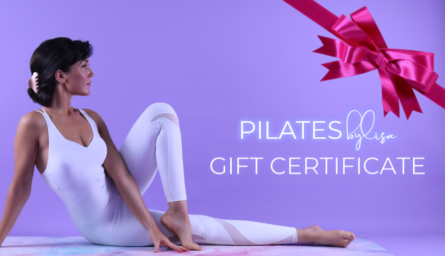Lisa demonstrating Pilates exercises wearing sportswear, focused on core strength and balance.