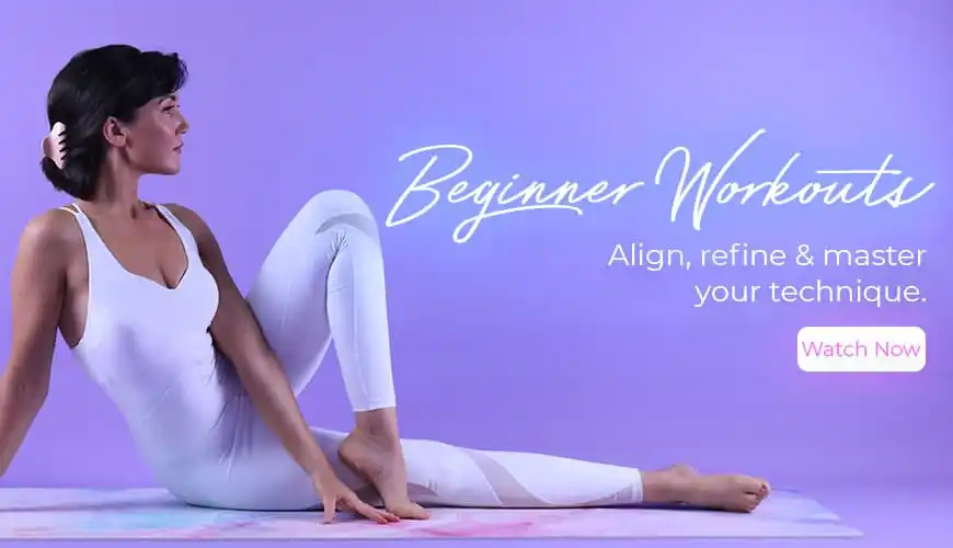 Lisa demonstrates a Pilates exercise, wearing activewear, in a studio or outdoor setting.